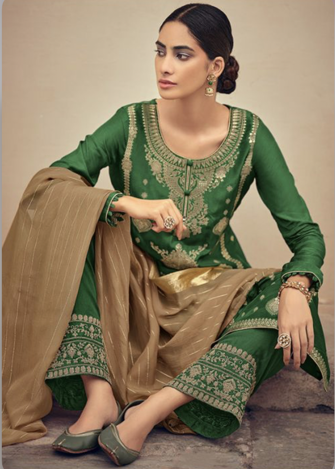 Green Jacquard Silk Embroidered Pant Suit Salwar Kameez Designer