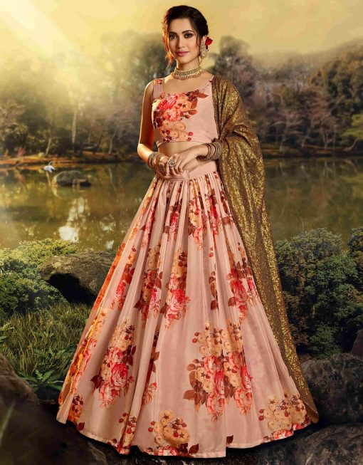 Peach Organza Floral Print Lehenga Choli Lehengas Designer Collection