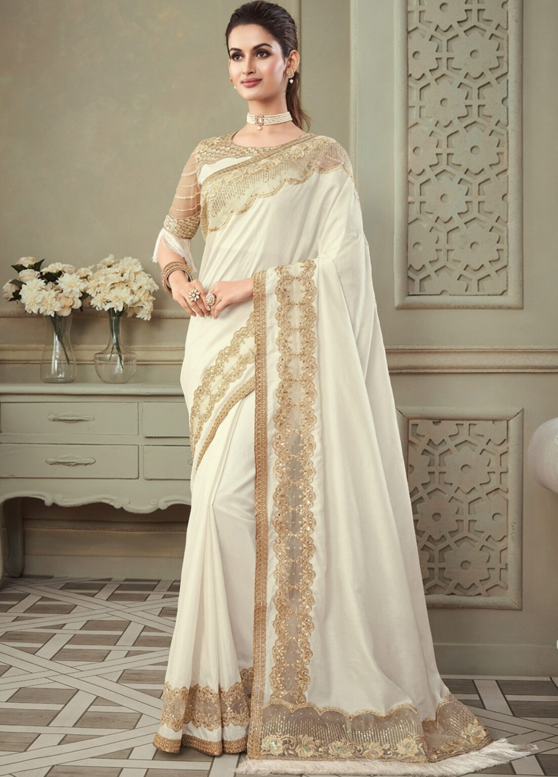 Off White Fancy Silk Saree With Fringe Detail Sarees Designer Collection