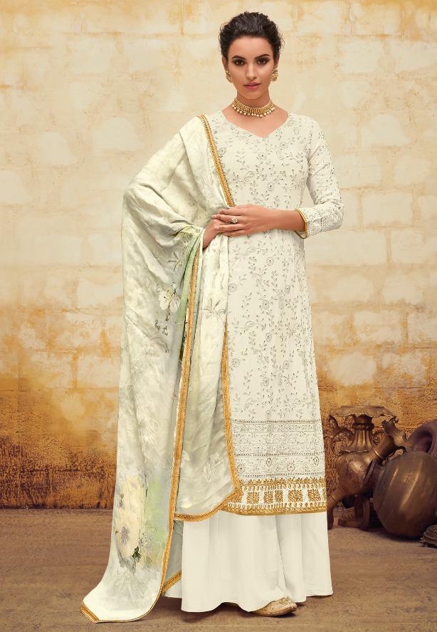 Off White Faux Georgette Palazzo Suit Salwar Kameez Designer Collection