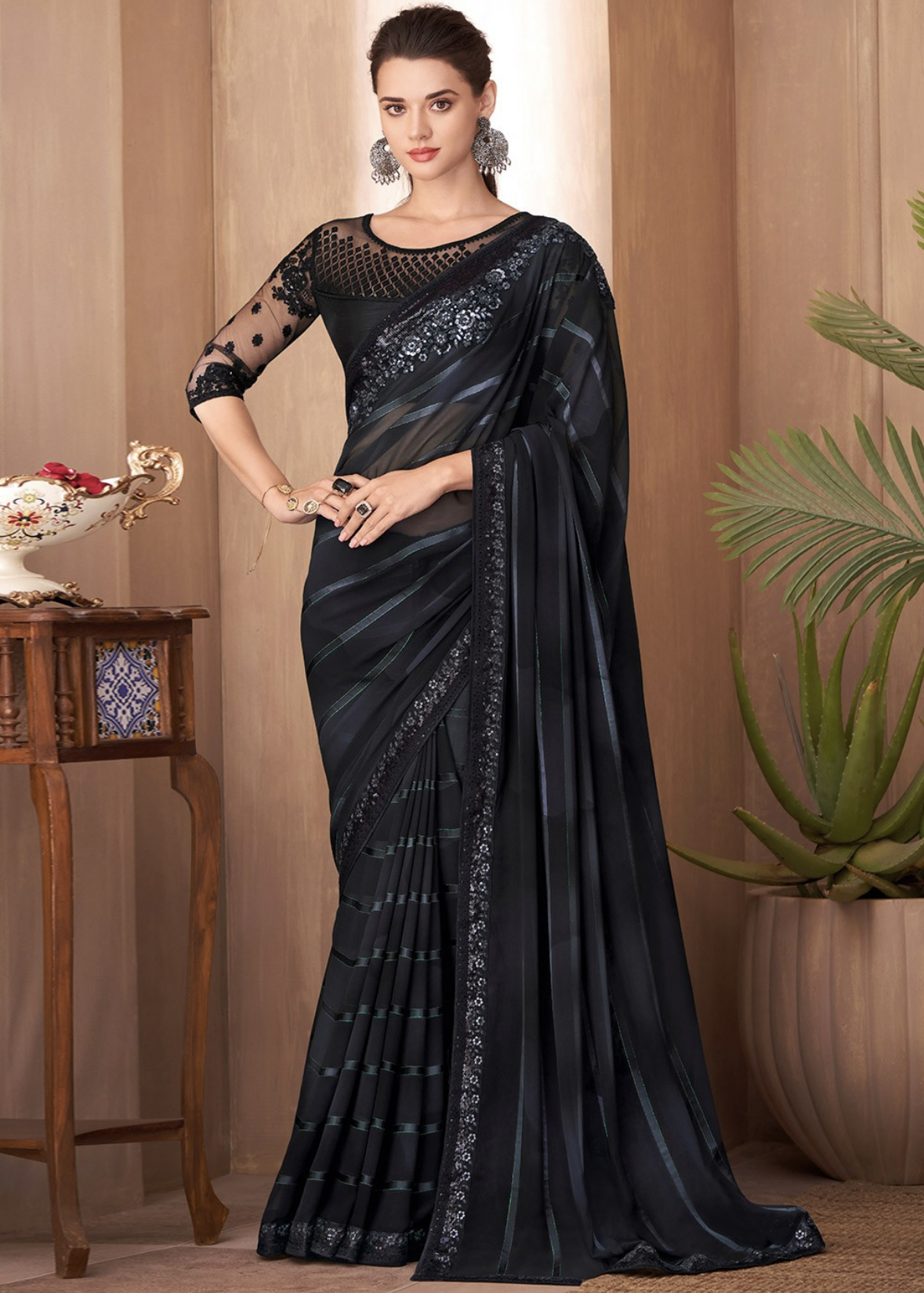 Black Embroidered Border Party Wear Saree - Sarees Designer Collection