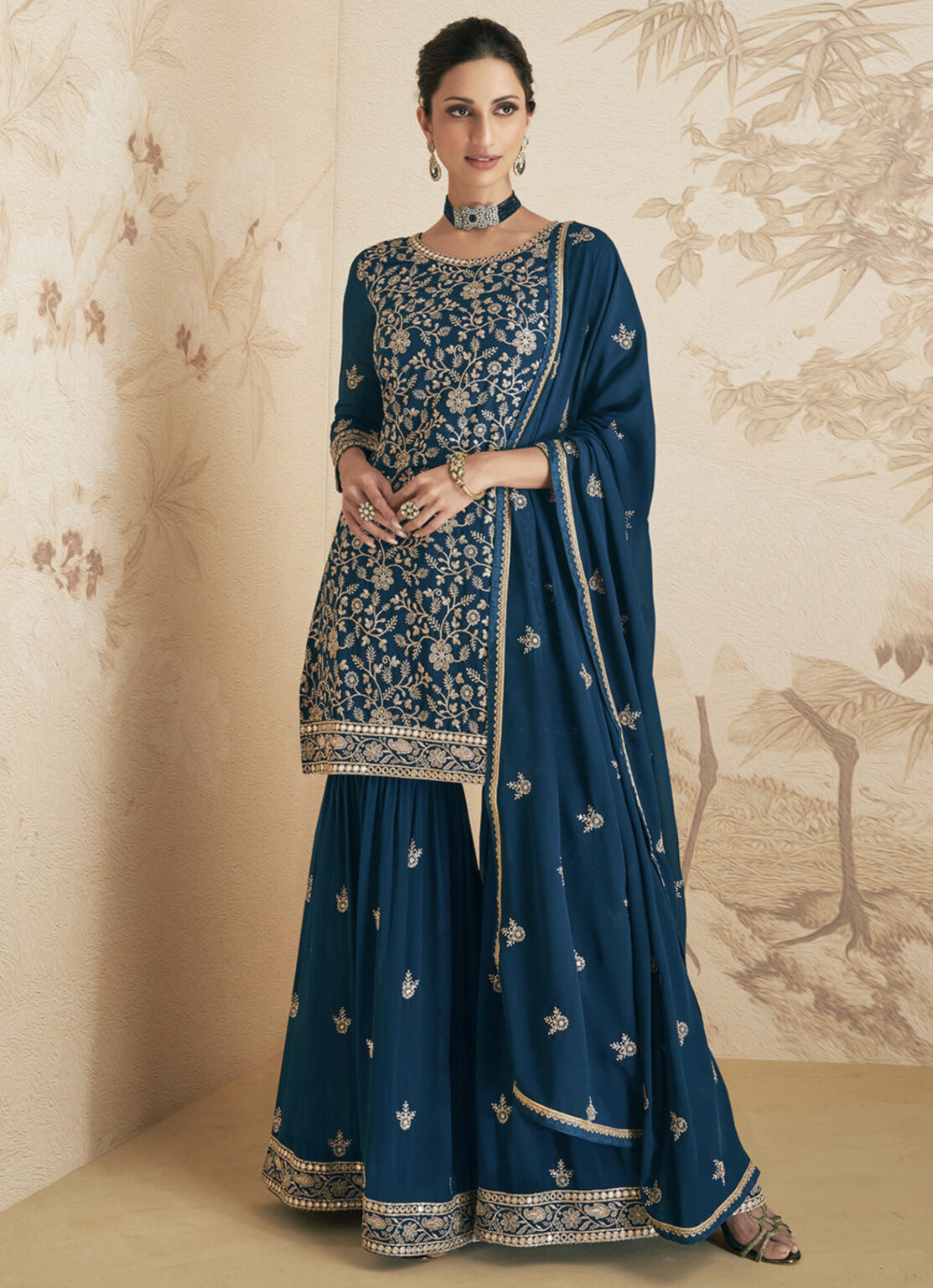 Teal Georgette Gharara Suit - Salwar Kameez Designer Collection