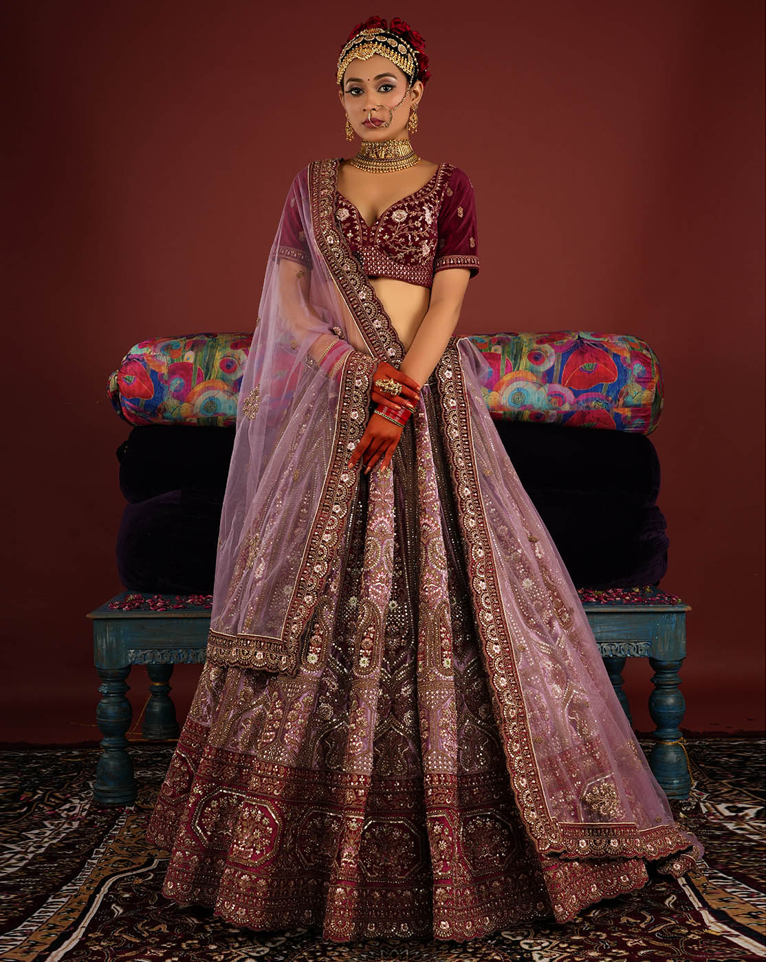 Wine Maroon Patterned Lehenga Set with Gold Thread Work and Floral Motifs -  Seasons India