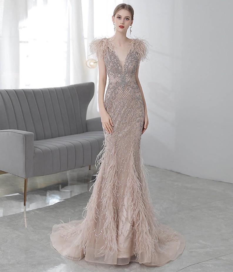 Heavy Beaded Feathered Evening Gown - Evening Dresses, Made To