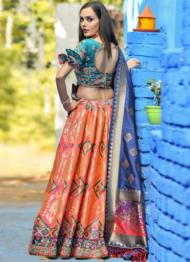 Peach Banarasi Silk Lehenga Choli - Lehengas Designer Collection