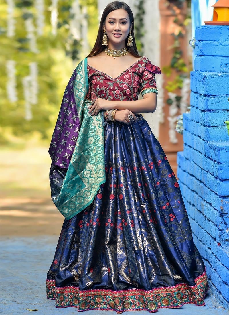 Royal Blue Banarasi lehenga choli for women Indian wedding wear choli party  wear lengha choli bridesmaids lehengas Indian fancy outfit suit