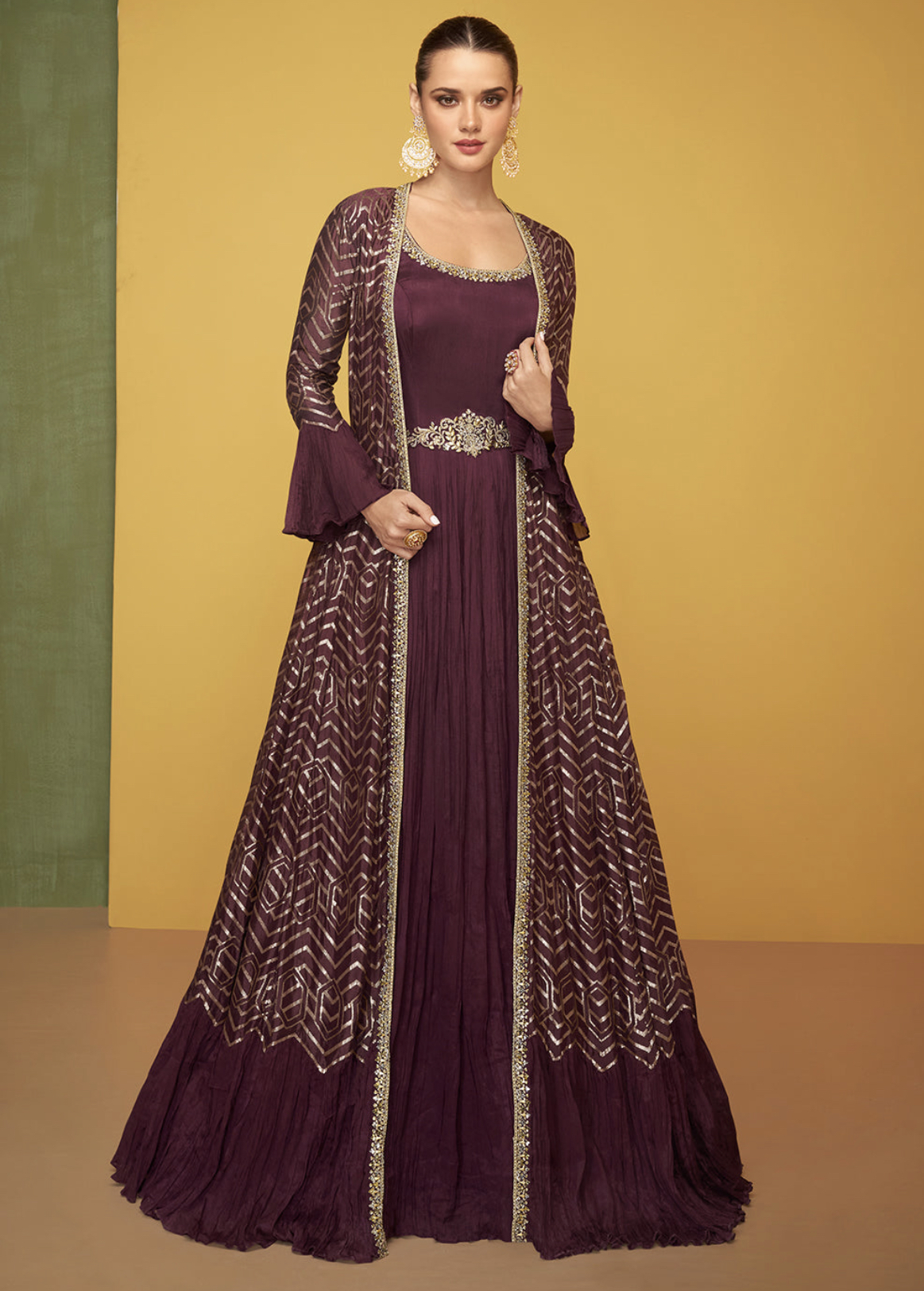 Beautiful Full Long Frock Yellow and Jacket with Stone Work – Gul Style