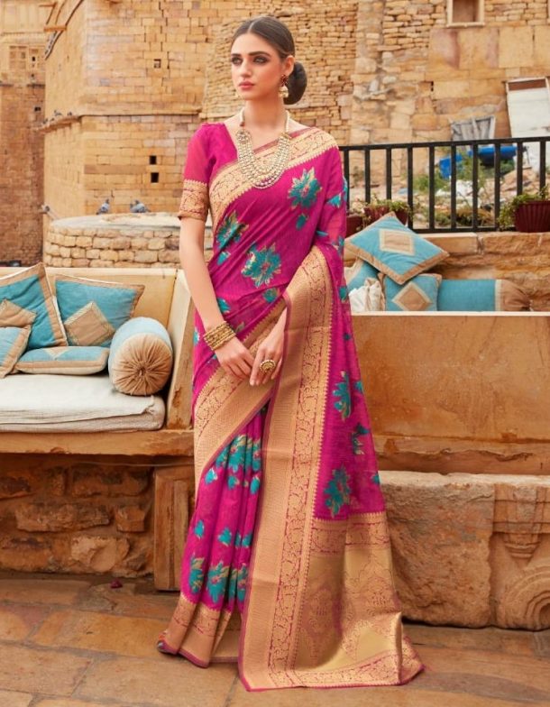Traditional Pink Linen Silk Saree - Sarees Designer Collection