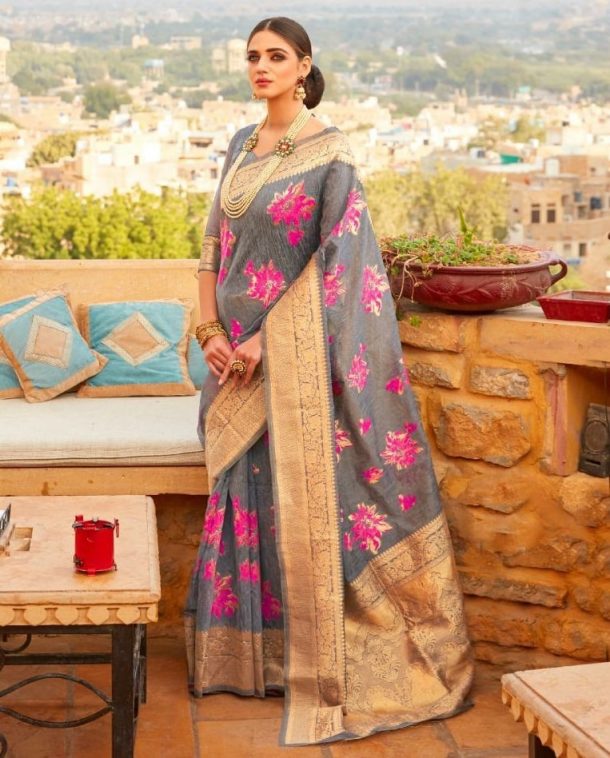 Traditional Grey Linen Silk Saree - Sarees Designer Collection