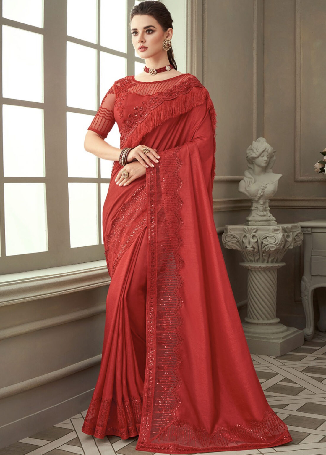 Red Fancy Silk Saree With Fringe Detail - Sarees Designer Collection