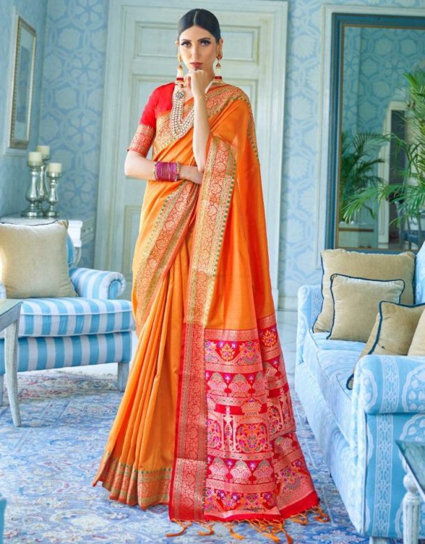 Traditional Orange Katriya Silk Saree - Sarees Designer Collection