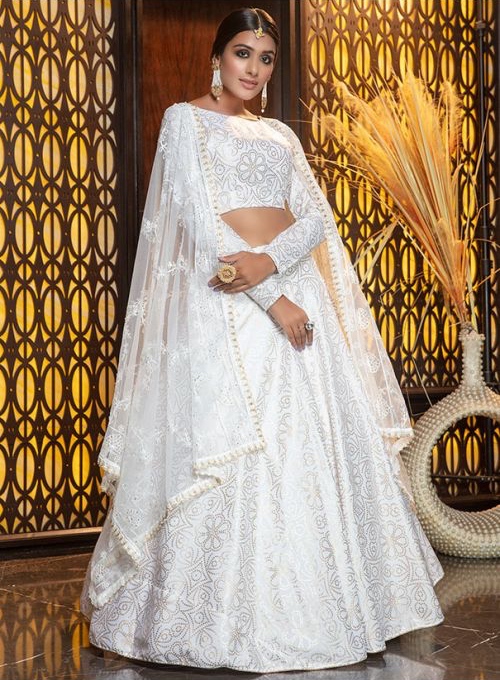 Buy Wedding Wear White Zari Work Chinnon Lehenga Choli Online From Surat  Wholesale Shop.