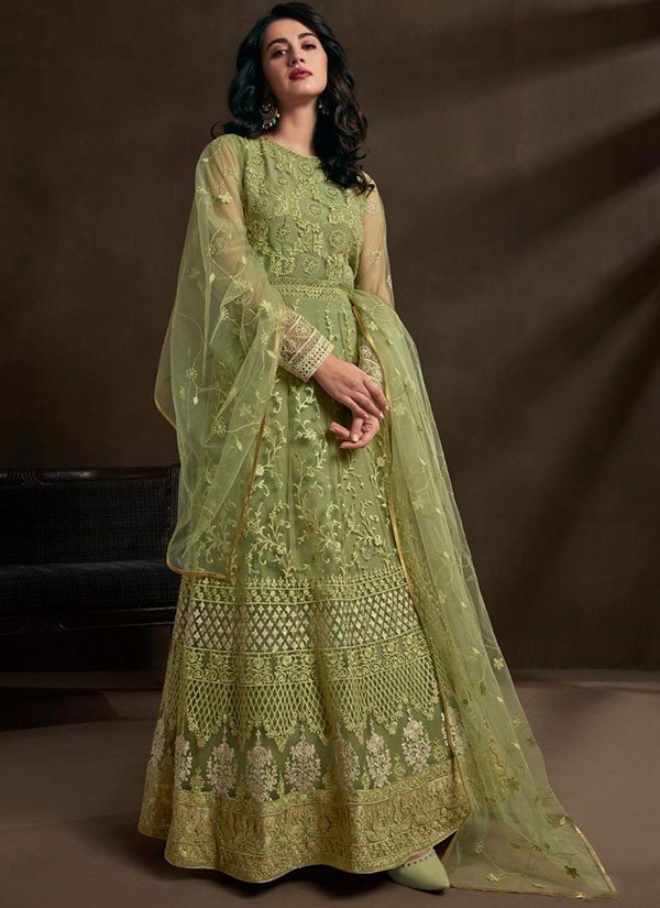 Parrot Green Net Anarkali Suit - Salwar Kameez Designer Collection