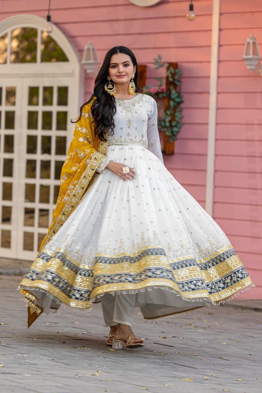 White Color Anarkali Suit in Georgette Fabric with Yellow Color Dupatta