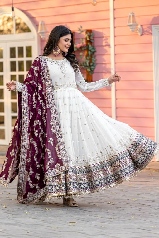 White Color Anarkali Suit in Georgette Fabric with maroon Color Dupatta