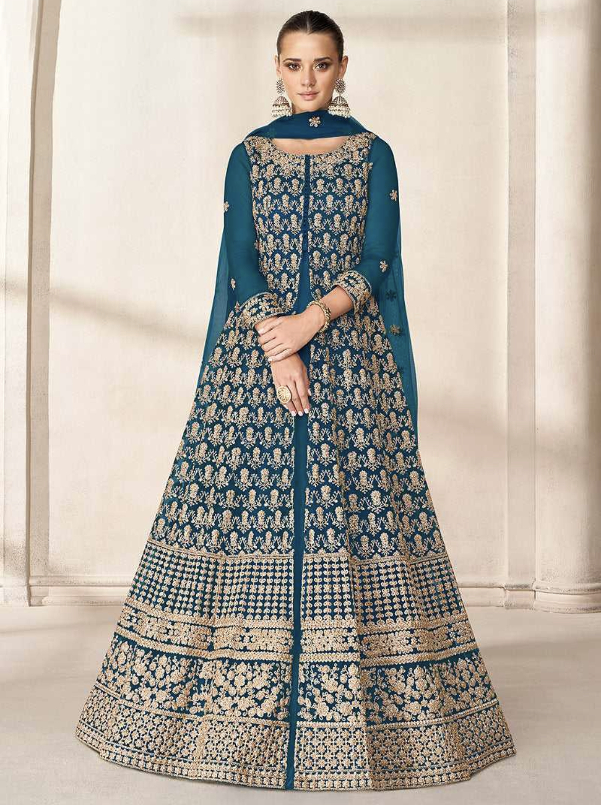 Blue Net Embroidered High Slit Anarkali Suit Salwar Kameez Designer Collection