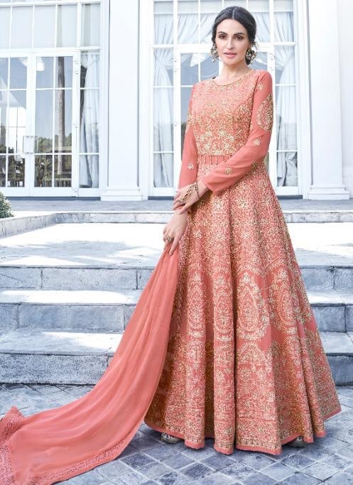 Peach Pink Floor Length Anarkali Suit - Salwar Kameez Designer Collection