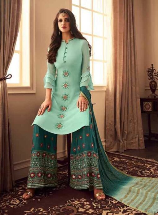 Turquoise Upada Silk Designer Palazzo Suit - Salwar Kameez Designer ...