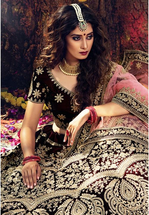 Maroon Velvet Embroidered Lehenga Choli - Lehengas Designer Collection