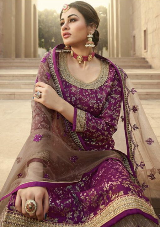 Purple Embroidered Net Palazzo Suit - Salwar Kameez Designer Collection