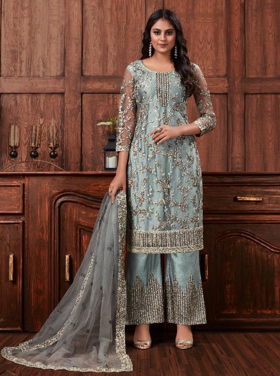 Arleen Grey Net Palazzo Suit - Salwar Kameez Designer Collection
