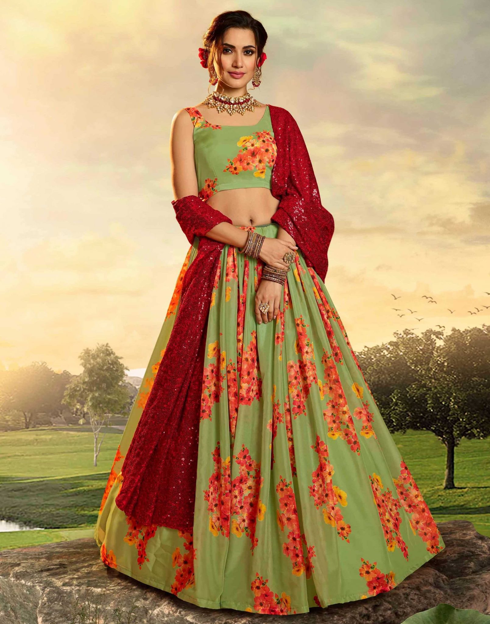 Green Organza Floral Print Lehenga Choli Lehengas Designer Collection 0299