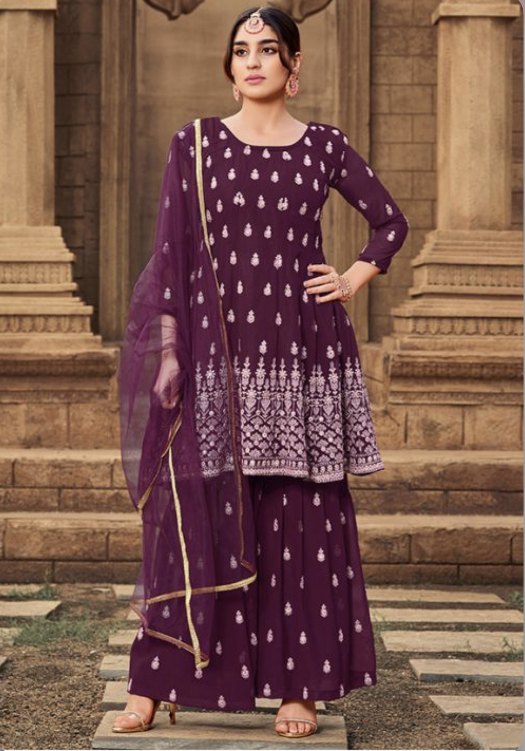 Burgundy Georgette Embroidered Sharara Suit - Salwar Kameez Designer ...