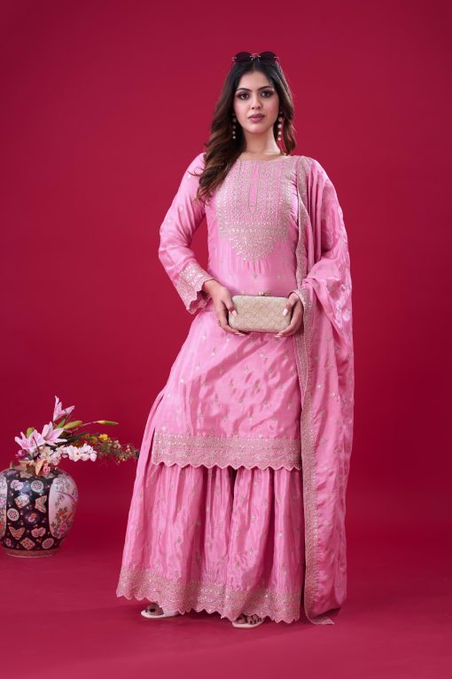 Pink Color Beautiful Partywear Sharara Suit in chinon fabric