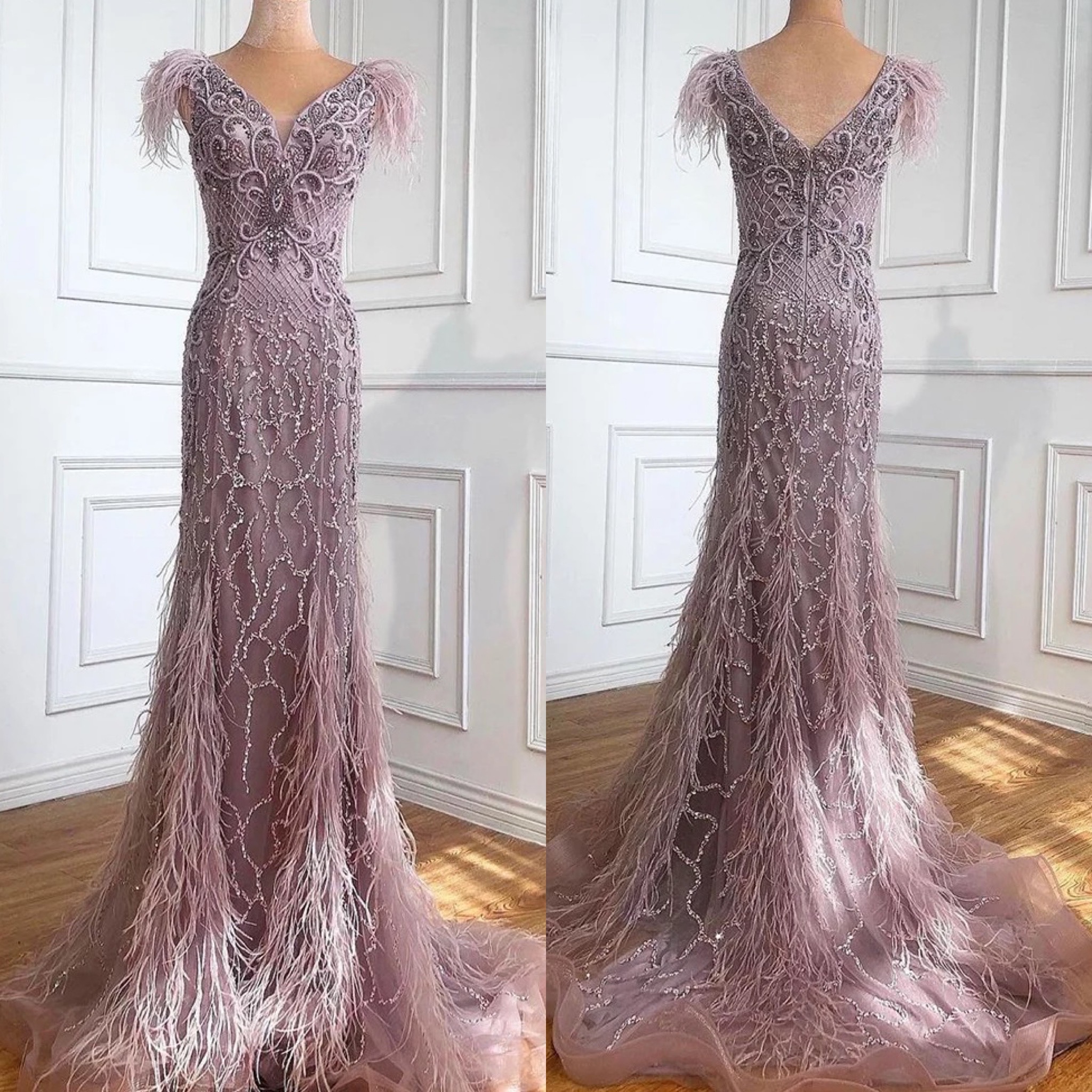 Heavy Beaded Feathered Evening Gown - Evening Dresses, Made To Order ...