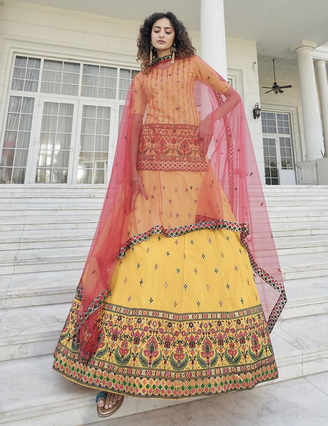 Yellow Chiffon Long Choli Lehenga Suit