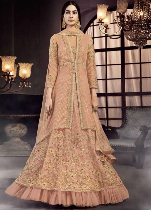 Beige Net Lehenga Choli With Cape Jacket - Lehengas Designer Collection