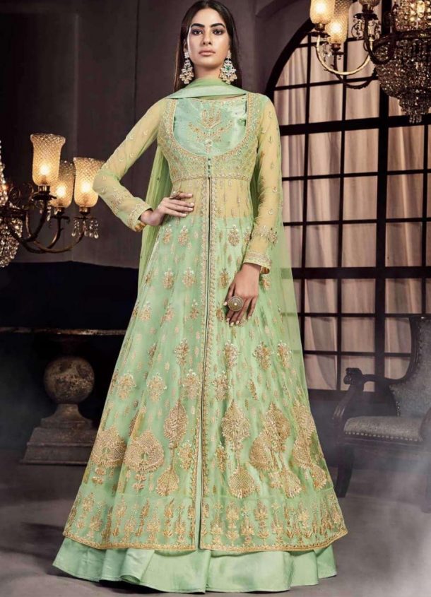 Mint Green Net Long Choli Lehenga - Lehengas Designer Collection