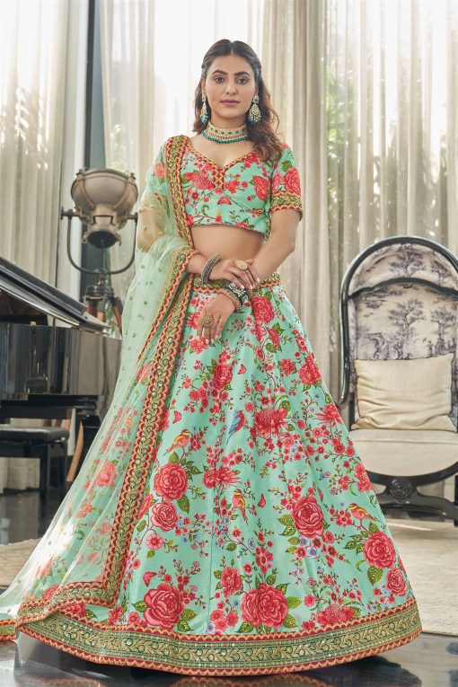 Modern Floral Lehenga Choli For Wedding Function in Sky Green color