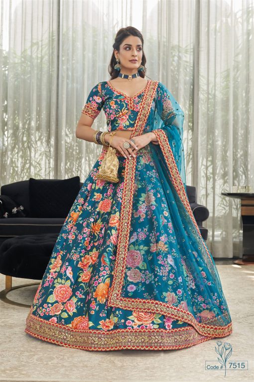 Modern Floral Lehenga Choli For Wedding Function in Blue color