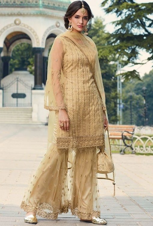 Cream Beige Net Embroidered Sharara Suit