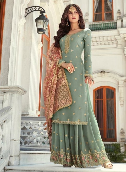 Sage Green Straight Cut Sharara Suit - Salwar Kameez Designer Collection