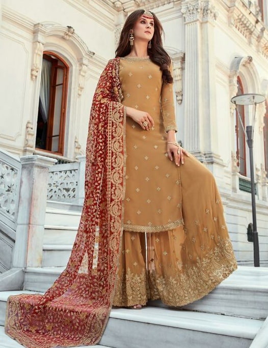 Light Brown Straight Cut Sharara Suit - Salwar Kameez Designer Collection