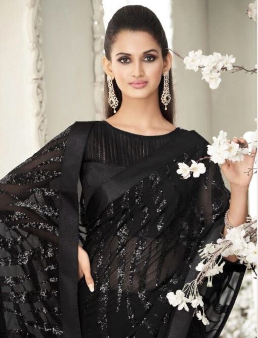 Black Fancy Saree With Fringe Detail - Sarees Designer Collection