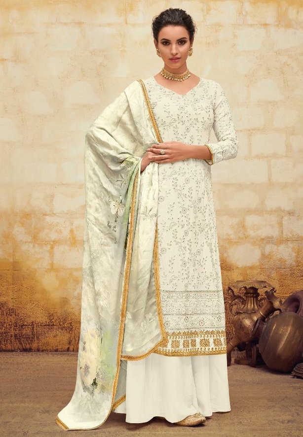 Off White Faux Georgette Palazzo Suit - Salwar Kameez Designer Collection