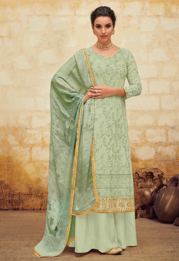 Light Green Faux Georgette Palazzo Suit - Salwar Kameez Designer Collection