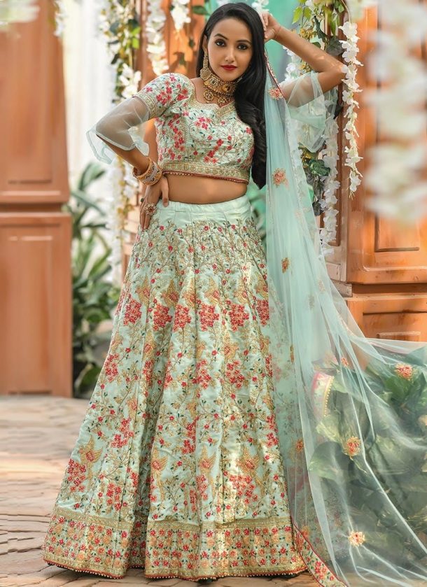 Mint Green Embroidered Silk Lehenga Choli - Lehengas Designer Collection