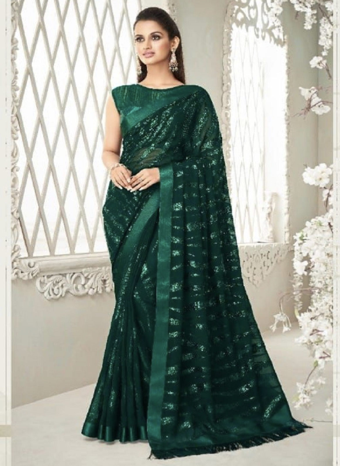 Green Fancy Saree With Fringe Detail - Sarees Designer Collection