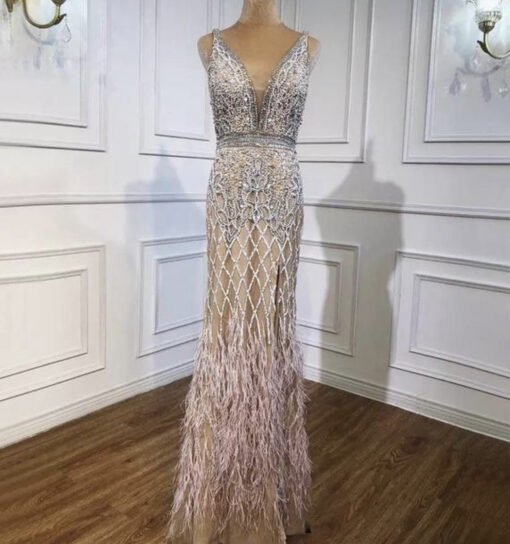 Heavily Beaded Feathered Plunge Neck Evening Dress - Evening Dresses ...