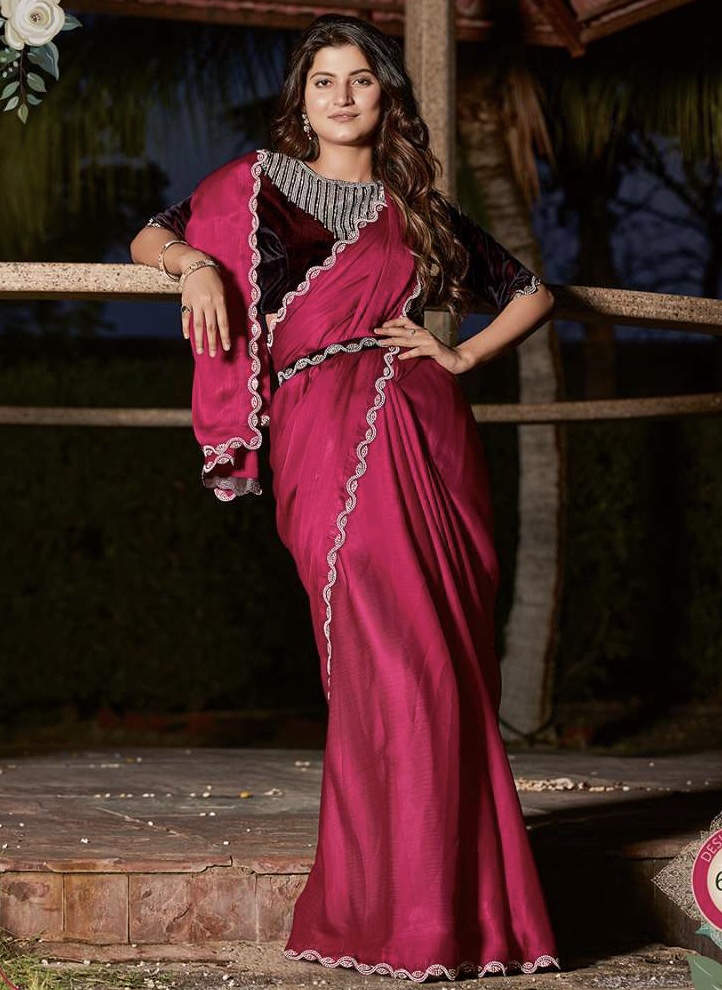 Pink Satin Silk Chiffon Party Wear Saree