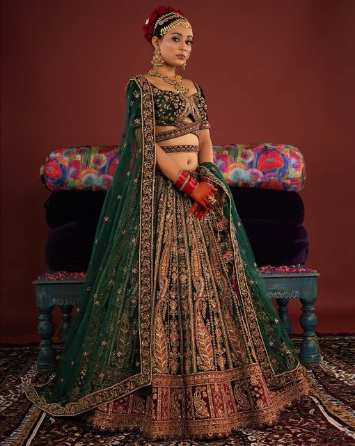 Royal Green Velvet Bridal Lehenga Choli - Lehengas Designer Collection