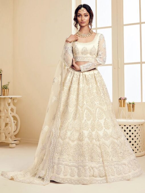 Off White Net Bridal Lehenga Choli - Lehengas Designer Collection