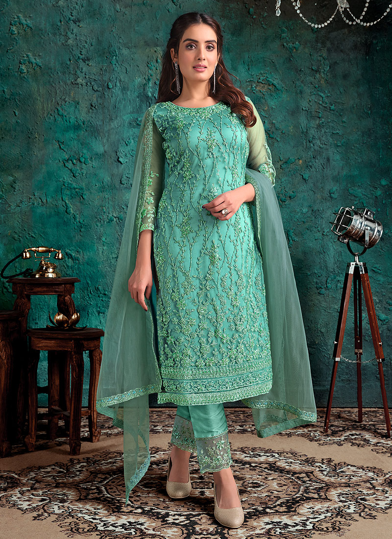 Mint Blue Satin Net Pant Suit - Salwar Kameez Designer Collection