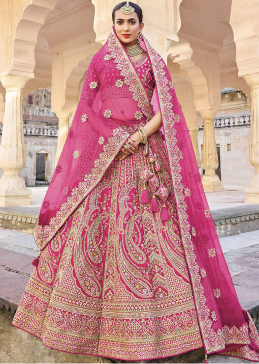 Pink Designer Patchwork Bridal Lehenga Choli - Peacock, Deer & Flower –  Vara Vastram