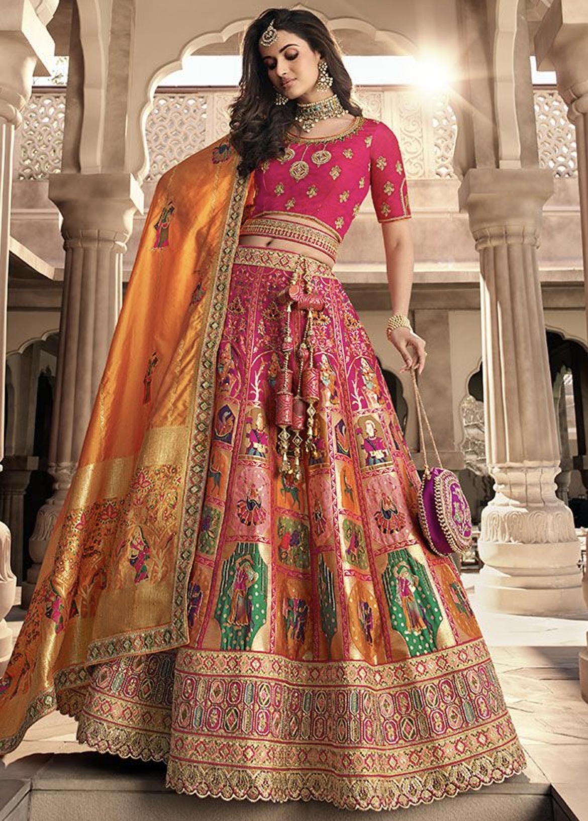 Buy Magnific Orange-Pink Embroidered Banarasi Silk Bridal Lehenga