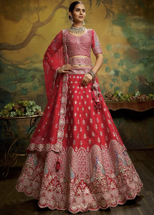 Red Moti & Zarkan Embroidered Silk Bridal Lehenga Choli - Lehengas ...